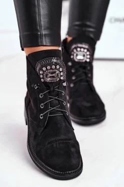 Damskie Boto Damskie Botki Ciepłe Zamszowe Kryształki Czarne Hondus