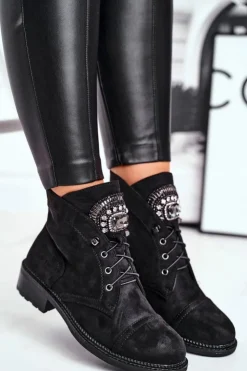 Damskie Boto Damskie Botki Ciepłe Zamszowe Kryształki Czarne Hondus