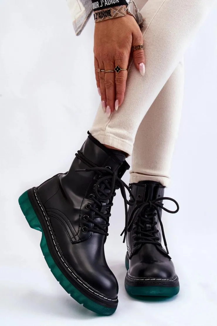 Damskie Evento Damskie Botki Glany Sznurowane Z Zieloną Podeszwą Czarne Trinah