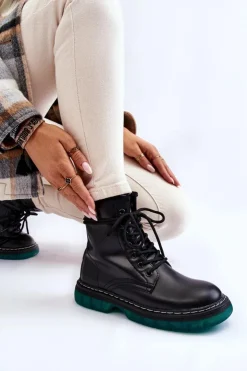 Damskie Evento Damskie Botki Glany Sznurowane Z Zieloną Podeszwą Czarne Trinah