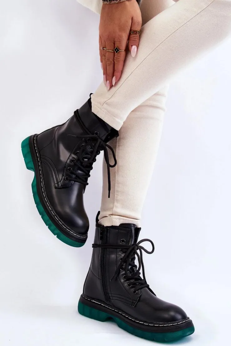 Damskie Evento Damskie Botki Glany Sznurowane Z Zieloną Podeszwą Czarne Trinah