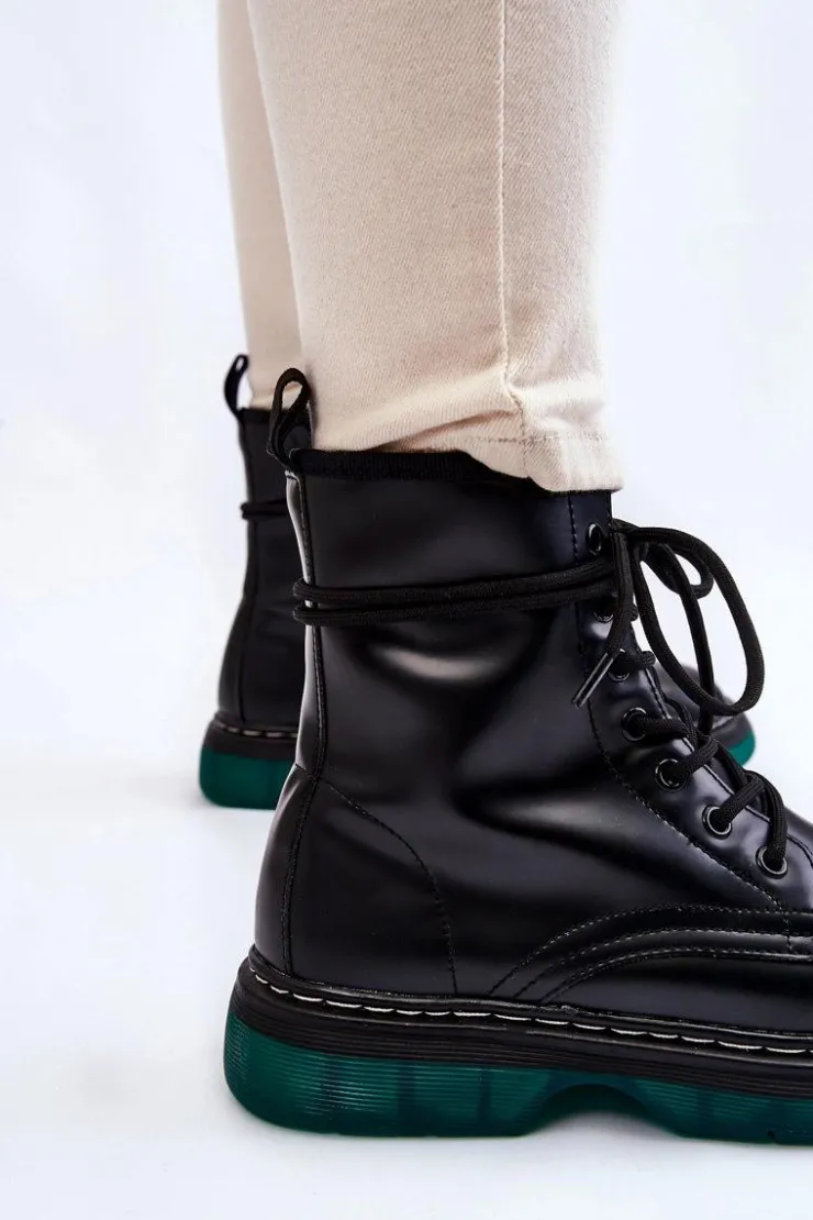 Damskie Evento Damskie Botki Glany Sznurowane Z Zieloną Podeszwą Czarne Trinah