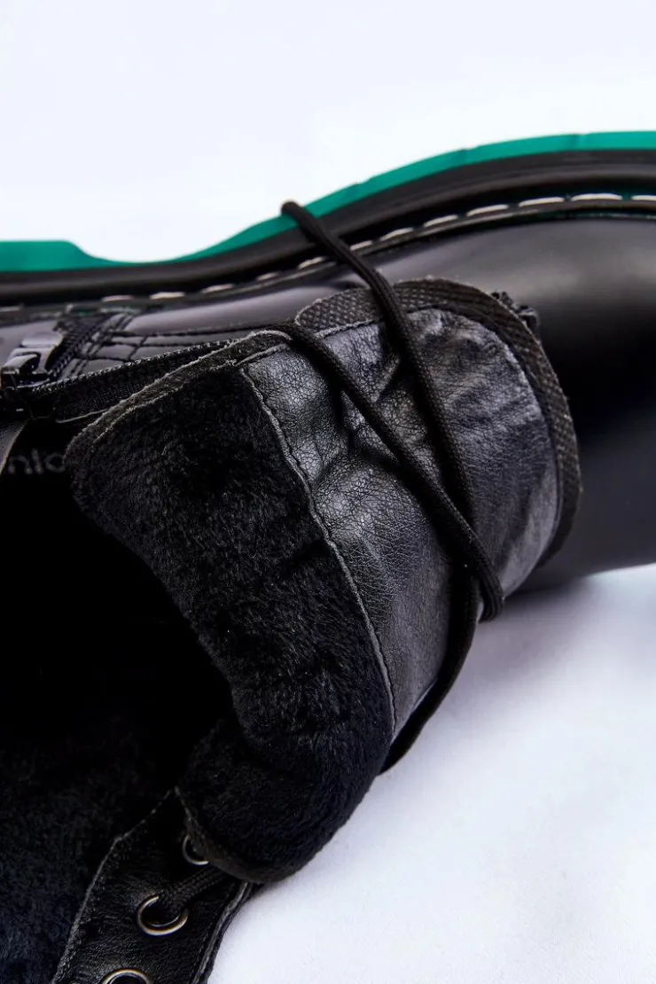 Damskie Evento Damskie Botki Glany Sznurowane Z Zieloną Podeszwą Czarne Trinah