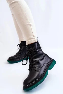 Damskie Evento Damskie Botki Glany Sznurowane Z Zieloną Podeszwą Czarne Trinah