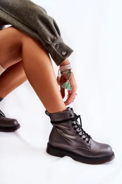 Damskie Boto Damskie Botki Glany Wiązane Ciemnoszare Lavita