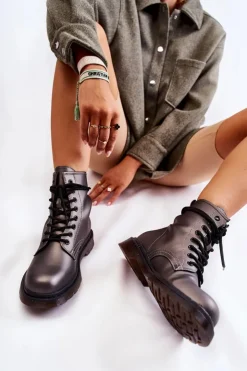 Damskie Boto Damskie Botki Glany Wiązane Ciemnoszare Lavita