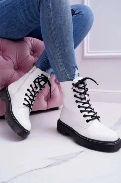 Damskie buty S.Barski Botki Sznurowane|Botki Zimowe Damskie*Damskie Botki Glany Workery Białe Barski 56-5