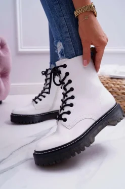 Damskie buty S.Barski Botki Sznurowane|Botki Zimowe Damskie*Damskie Botki Glany Workery Białe Barski 56-5