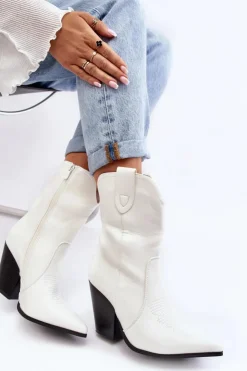 Boto Botki Na Słupku|Botki Na Obcasie*Damskie Botki Kowbojki Na Obcasie Białe Melaitia
