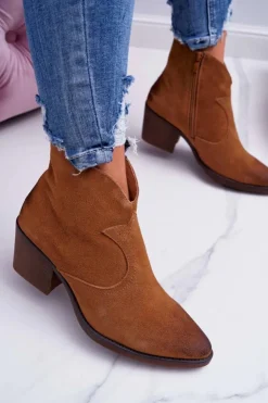 Damskie buty S.Barski Botki Na Słupku|Botki Zimowe Damskie*Damskie Botki Kowbojki Zamszowe Camel Barski 1638