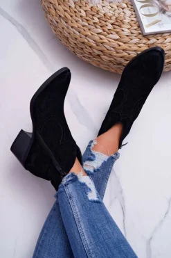 Discount Damskie buty S.Barski Damskie Botki Kowbojki Zamszowe Czarne Barski 1638
