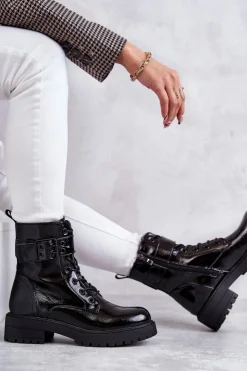 Boto Botki Ocieplane|Botki Sznurowane*Damskie Botki Lakierowane Sznurowane Na Płaskim Obcasie Czarne Firmina