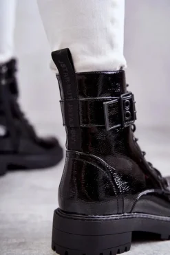 Boto Botki Ocieplane|Botki Sznurowane*Damskie Botki Lakierowane Sznurowane Na Płaskim Obcasie Czarne Firmina