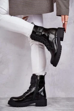 Boto Botki Ocieplane|Botki Sznurowane*Damskie Botki Lakierowane Sznurowane Na Płaskim Obcasie Czarne Firmina