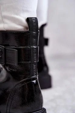 Boto Botki Ocieplane|Botki Sznurowane*Damskie Botki Lakierowane Sznurowane Na Płaskim Obcasie Czarne Firmina