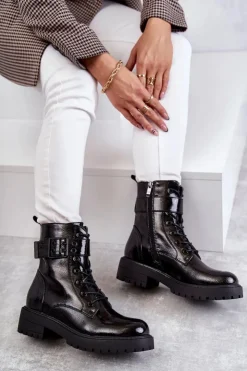 Boto Botki Ocieplane|Botki Sznurowane*Damskie Botki Lakierowane Sznurowane Na Płaskim Obcasie Czarne Firmina