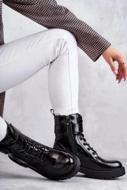 Boto Botki Ocieplane|Botki Sznurowane*Damskie Botki Lakierowane Sznurowane Na Płaskim Obcasie Czarne Firmina