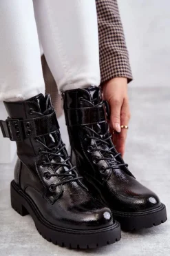 Boto Botki Ocieplane|Botki Sznurowane*Damskie Botki Lakierowane Sznurowane Na Płaskim Obcasie Czarne Firmina