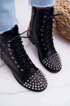 New Boto Damskie Botki Lu Boo Czarne Workery z Ćwiekami Tension