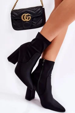 New Boto Damskie Botki Materiałowe Na Obcasie Czarne Amile Czarny