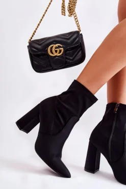 New Boto Damskie Botki Materiałowe Na Obcasie Czarne Amile Czarny