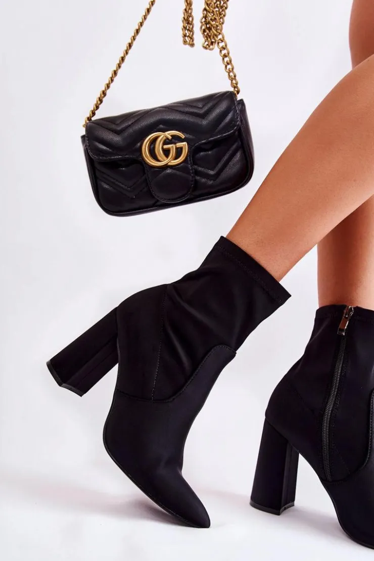 New Boto Damskie Botki Materiałowe Na Obcasie Czarne Amile Czarny