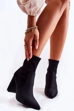 New Boto Damskie Botki Materiałowe Na Obcasie Czarne Amile Czarny