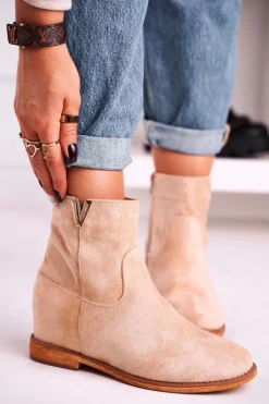 Damskie Boto Damskie Botki Na Koturnie Zamszowe Beżowe Vanya