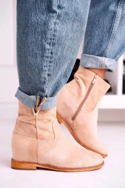 Damskie Boto Damskie Botki Na Koturnie Zamszowe Beżowe Vanya