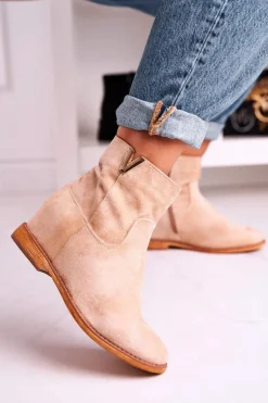 Damskie Boto Damskie Botki Na Koturnie Zamszowe Beżowe Vanya