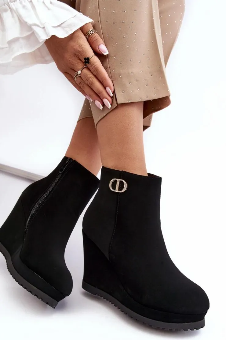 Boto Damskie Botki Na Koturnie Z Małą Ozdobą Czarne Bertolina