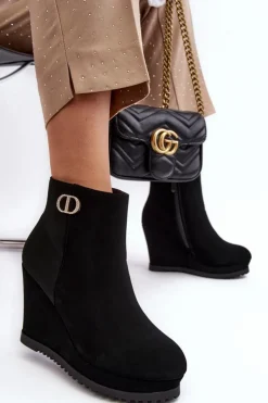 Boto Damskie Botki Na Koturnie Z Małą Ozdobą Czarne Bertolina