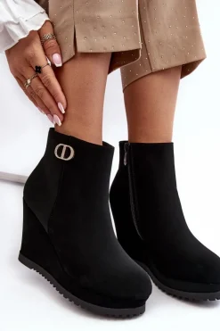 Boto Damskie Botki Na Koturnie Z Małą Ozdobą Czarne Bertolina