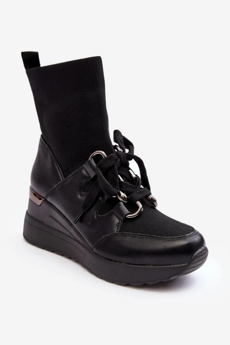 Boto Botki Na Koturnie|Czarne Botki*Damskie Botki Na Koturnie Ze Skarpetą Czarne Helladina