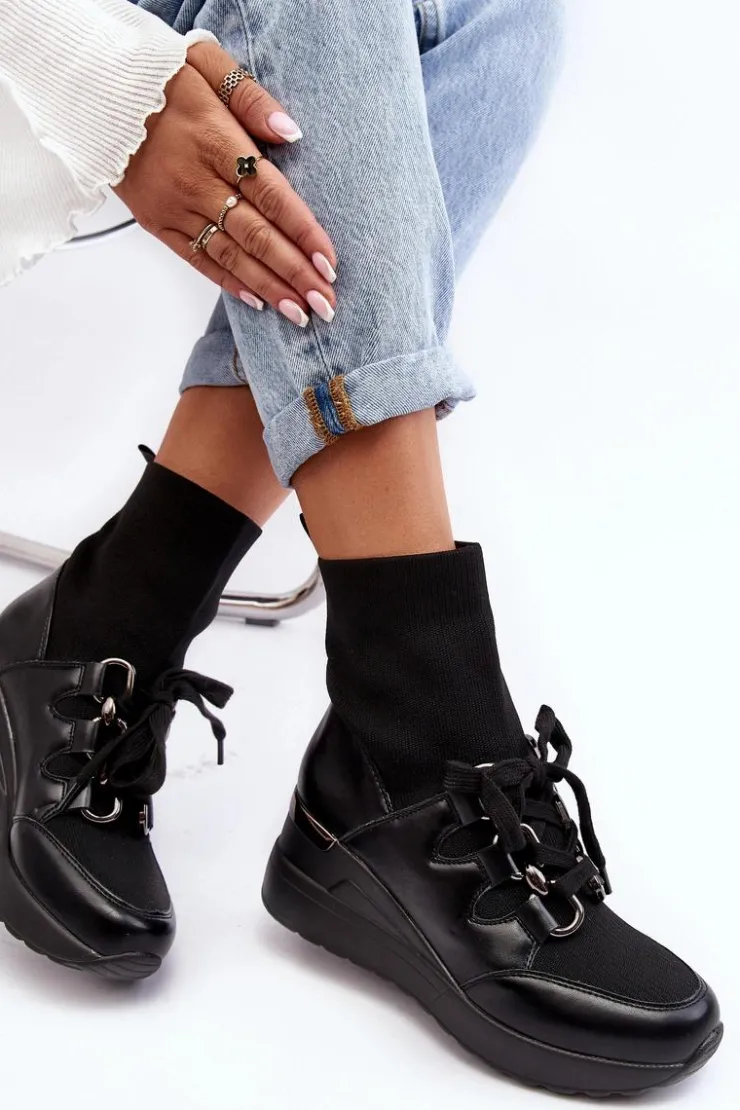 Boto Botki Na Koturnie|Czarne Botki*Damskie Botki Na Koturnie Ze Skarpetą Czarne Helladina