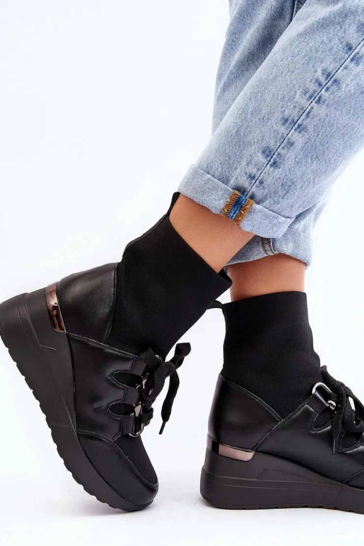 Boto Botki Na Koturnie|Czarne Botki*Damskie Botki Na Koturnie Ze Skarpetą Czarne Helladina