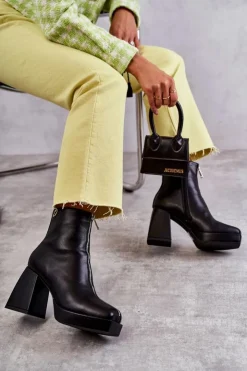 Sale Boto Damskie Botki Na Masywnym Obcasie Z Suwakiem Czarne Carrera Czarny