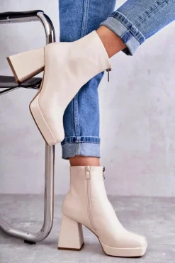 Damskie Boto Damskie Botki Na Masywnym Obcasie Z Suwakiem Beżowe Carrera