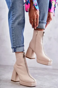 Damskie Boto Damskie Botki Na Masywnym Obcasie Z Suwakiem Beżowe Carrera