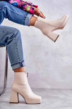 Damskie Boto Damskie Botki Na Masywnym Obcasie Z Suwakiem Beżowe Carrera