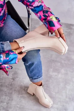 Damskie Boto Damskie Botki Na Masywnym Obcasie Z Suwakiem Beżowe Carrera