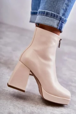 Damskie Boto Damskie Botki Na Masywnym Obcasie Z Suwakiem Beżowe Carrera