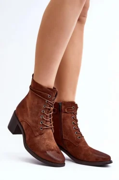 Boto Brązowe I Beżowe Botki|Botki Na Obcasie*Damskie Botki Na Niskim Obcasie Sznurowane Brązowe Serellia