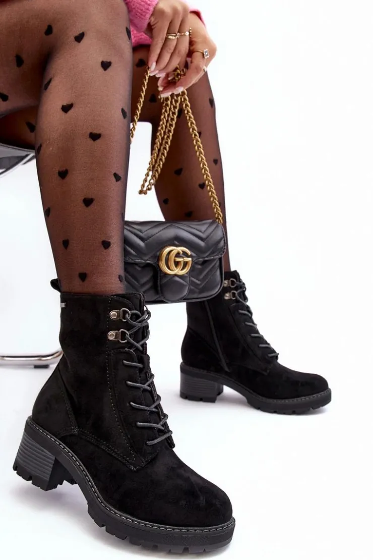 Boto Botki Ocieplane|Brązowe I Beżowe Botki*Damskie Botki Na Niskim Obcasie Sznurowane Czarne Adinail Czarny