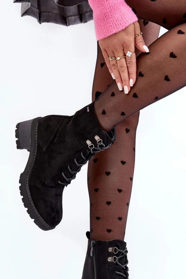 Boto Botki Ocieplane|Brązowe I Beżowe Botki*Damskie Botki Na Niskim Obcasie Sznurowane Czarne Adinail Czarny