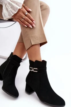 Damskie Boto Damskie Botki Na Niskim Obcasie Z Ozdobą Czarne Numissa