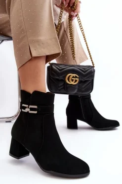 Damskie Boto Damskie Botki Na Niskim Obcasie Z Ozdobą Czarne Numissa