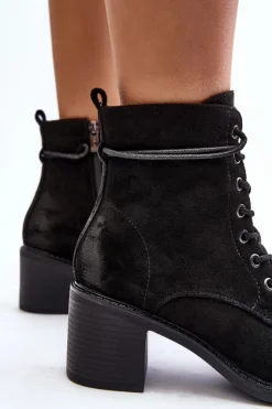 Damskie Boto Damskie Botki Na Niskim Obcasie Sznurowane Czarne Serellia