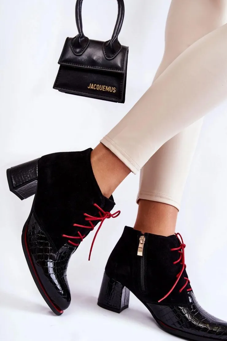 Boto Botki Sznurowane|Botki Na Słupku*Damskie Botki Na Niskim Słupku Czarne Ebba