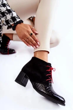 Boto Botki Sznurowane|Botki Na Słupku*Damskie Botki Na Niskim Słupku Czarne Ebba